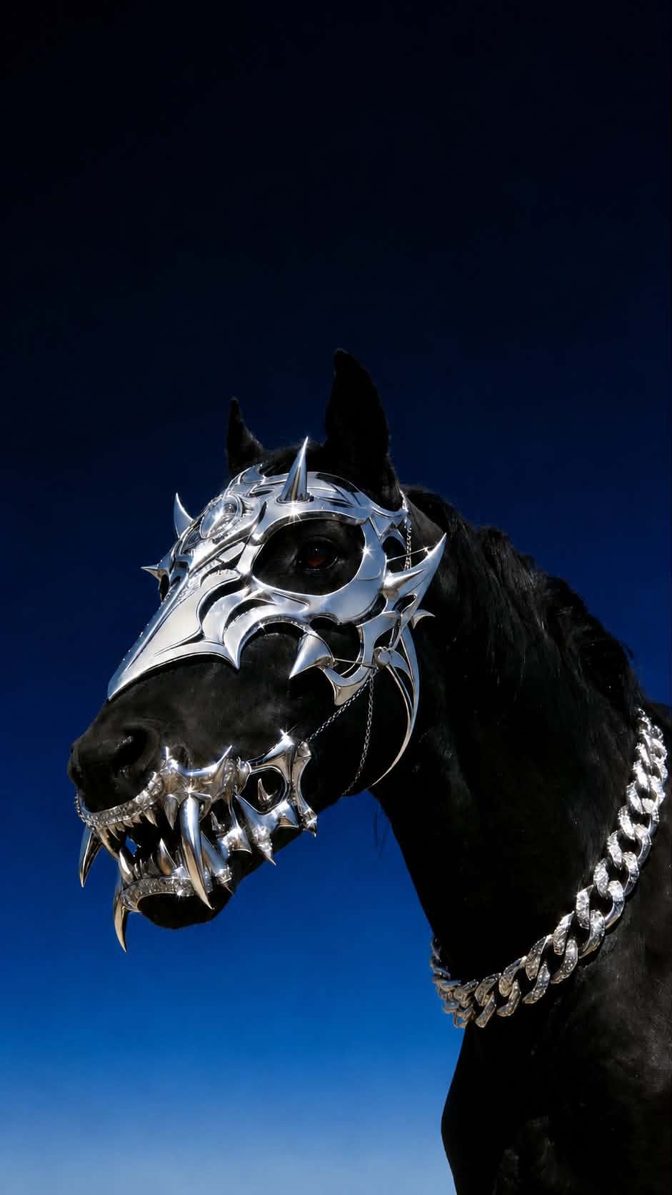 Nine Magic — a black horse in a chrome ceremonial mask